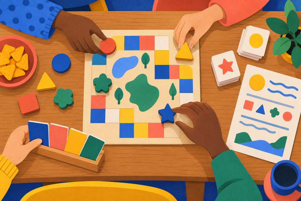 Players examining board-game components with shapes and colours