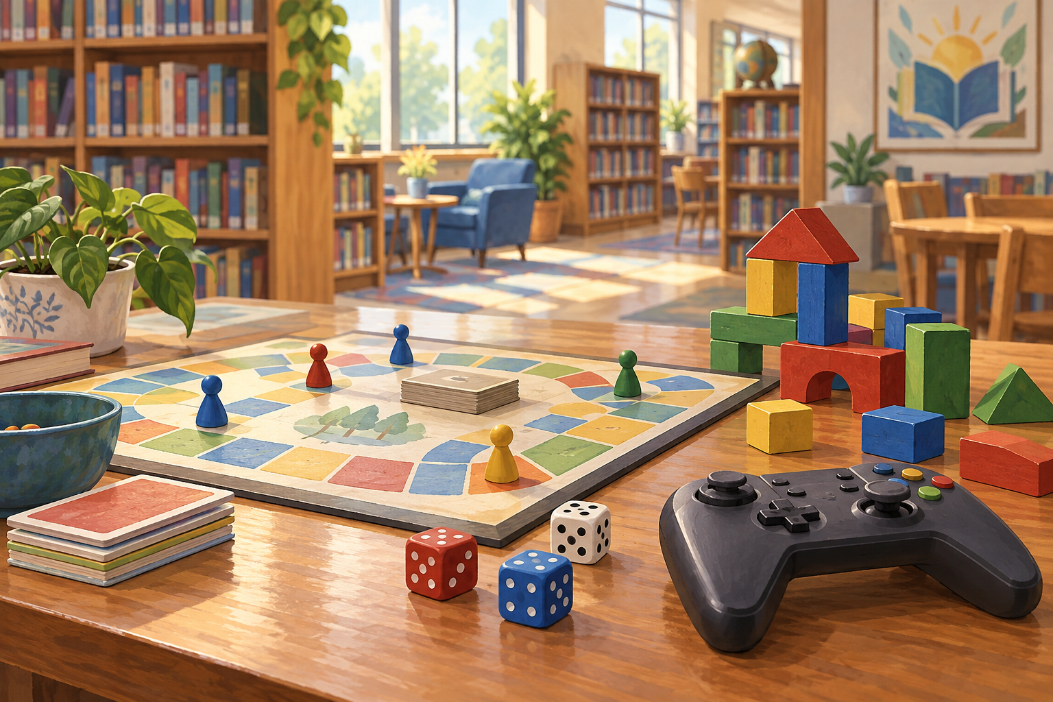 Illustration of a board game, colorful building blocks and a video game controller on a library table.