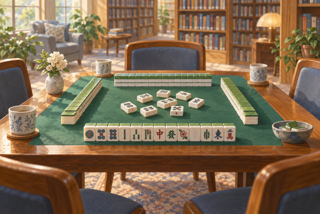 Illustration of mahjong tiles arranged on a green tabletop with empty chairs nearby.