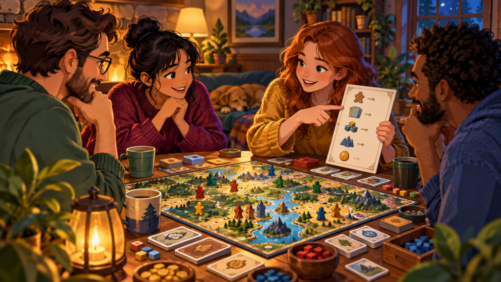 Illustration of friends using a simple guide while learning a board game.